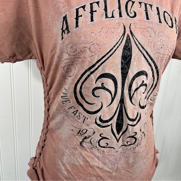 Affliction Pink Graphic Ruched T-Shirt - Picture 2 of 10